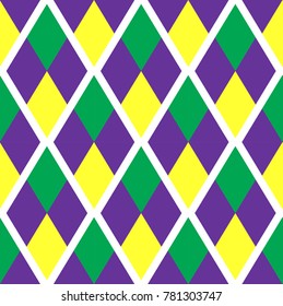 Mardi Gras abstract geometric pattern. Purple, yellow, green rhombus repeating texture. Endless background, wallpaper, backdrop. Vector illustration