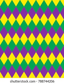 Mardi Gras abstract geometric pattern. Purple, yellow, green rhombus repeating texture. Endless background, wallpaper, backdrop. Vector illustration