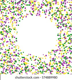Mardi Gras abstract pattern made of colored dots on white background with blank circle in center. Yellow, green and purple confetti for carnival backdrop, design element. Vector illustration.