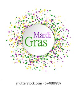 Mardi Gras abstract pattern made of colored dots on white background with colored words in center. Yellow, green and purple confetti for carnival backdrop, design element. Vector illustration