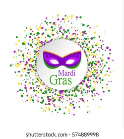 Mardi Gras abstract pattern made of colored dots on white background with colored mask in circle in center.Yellow, green and purple confetti for carnival backdrop, design element. Vector illustration