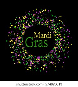 Mardi Gras abstract pattern made of colored dots on black background with colored words in center. Yellow, green and purple confetti for carnival backdrop, design element. Vector illustration