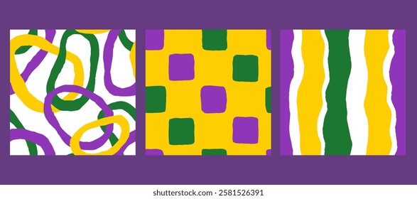 Mardi Gras Abstract Seamless Patterns Set. Vibrant Hand Drawn Purple Green Yellow Geometric Backgrounds with striped checkered texture. Bright carnival ornaments collection