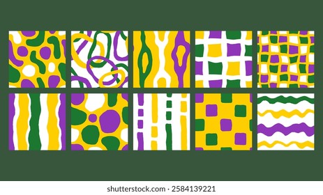 Mardi Gras Abstract Seamless Patterns Set. Hand drawn Geometric Backgrounds collection with liquid flowing textures and traditional purple green yellow colors. Repeat vector illustration