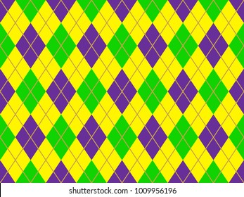 Mardi Gras Argyle Seamless Vector Pattern Tile. New Orleans Carnival Style Background in Violet Purple, Lime Green, Yellow and Gold. Pattern Tile Swatch Included.