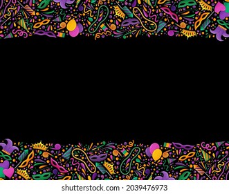 Mardi Gras backgrond. Mardi Gras beads, yellow, green, purple. Colorful carnival border. Mardi Gras banner, textile, fabric texture. Tradition carnival symbols, confetti, mask, firework, festive flags