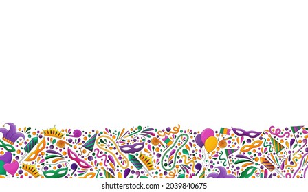 Fondo del Mardi Gras. Cuentas de Mardi Gras, amarillas, verdes, moradas. Colorida frontera de carnaval. Pancarta de Mardi Gras, textil, textura de tela. Símbolos del carnaval tradicional, confetti, máscara, fuegos artificiales, banderas festivas