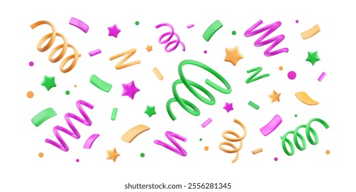 Mardi Gras background with 3d confetti. Fireworks of confetti, cartoon tinsel and stars. Carnival banner, festival decoration with geometric party shapes. Event wallpaper. Vector cartoon illustration.