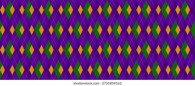 Mardi Gras Background in Argyle Seamless Vector Pattern. New Orleans Carnival Style Masquerade Backdrop in Purple, Green and Gold Yellow. Pattern Tile Swatch Included.