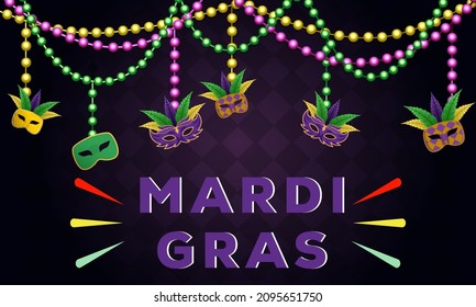 fondo mardi gras con cuentas y máscara colgante. antecedentes del carnaval de mardi gras. ilustración vectorial