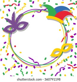 Mardi Gras background with beads, joker hat, masks, confetti and streamers, vector illustration