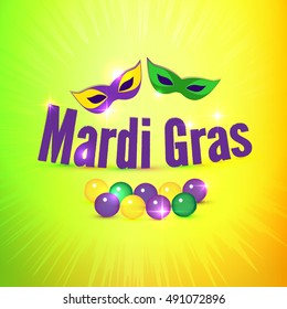 Mardi Gras background. Beads Tassels, Masks in purple, green and yellow concept. Carnival Party Poster, Typography Card. Vector illustration