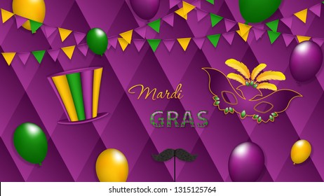 Mardi Gras background with carnival mask and party hat, vector illustration