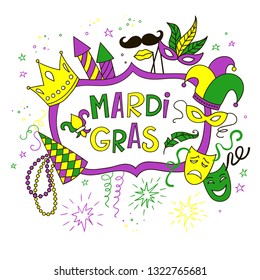 Mardi Gras background with doodle icons and objects.