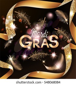 Mardi Gras background with flying feathers and curly gold ribbons. Vector illustration