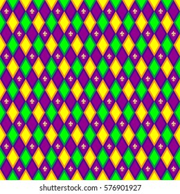 Mardi Gras background for greeting cards, textiles, wallpaper and fleur-de-lis symbol. Fat Tuesday. Vector illustration. Colorful geometric textures. 