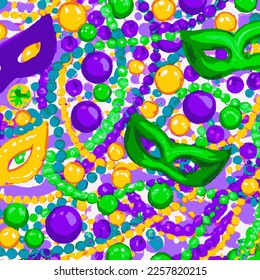 Mardi Gras background Illustration with colorful beads, coins and masks. Purple, green and gold.