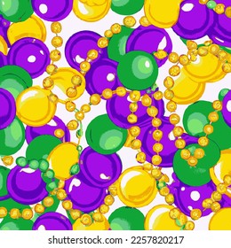 Mardi Gras background Illustration with colorful beads, coins and masks. Purple, green and gold.