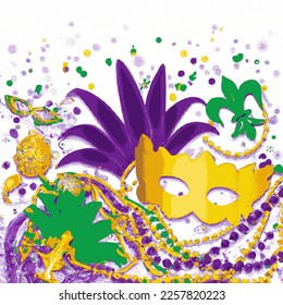 Mardi Gras background Illustration with colorful beads, coins and masks. Purple, green and gold.