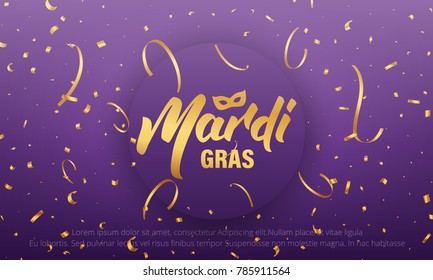 Mardi Gras. Background with Mardi Gras lettering and gold shiny confetti