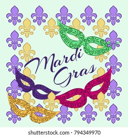 Mardi Gras background with masquerade mask silhouette. Template for greeting card.