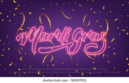 Mardi Gras. Background with Mardi Gras neon lettering and gold confetti