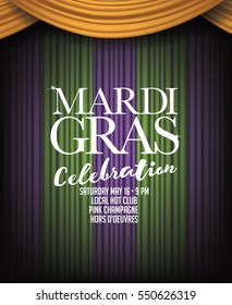 Mardi Gras background with spotlight and purple, gold and green dramatic curtains. For party, celebration, invitation, sale or other event. EPS 10 vector.