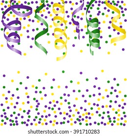 Mardi Gras background with streamers and confetti. Vector illustration.