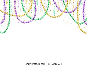 Mardi Gras background template, festive banner, colorful beads and confetti, vector illustration