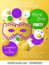 Mardi gras background. Template for poster. Carnival mask with beads. Vector illustration.