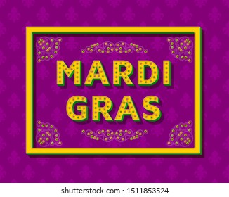 Mardi Gras background template with retro stylized typography. 3d font with colored buttons, ornate swirls frames and borders. Vector illustration.