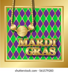 Mardi Gras background. Vector golden text fat tuesday on french language. Greeting cards with shining beads on traditional colors backdrop.