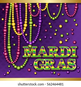 Mardi Gras background. Vector golden text. Greeting cards with shining beads on traditional colors backdrop.