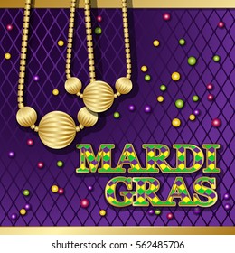 Mardi Gras background. Vector golden text fat tuesday on french language. Greeting cards with shining beads on traditional colors backdrop.
