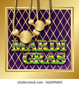 Mardi Gras background. Vector golden text fat tuesday on french language. Greeting cards with shining beads on traditional colors backdrop.