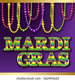 Mardi Gras background. Vector golden text fat tuesday on french language. Greeting cards with shining beads on traditional colors backdrop.