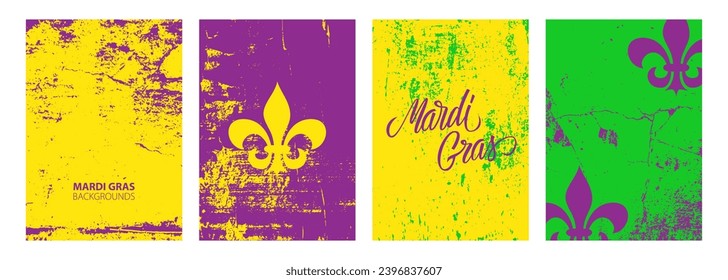 Mardi Gras backgrounds for Fat Tuesday holiday greetings with grunge textures, lettering and Fleur De Lis sign. Vector Illustration.