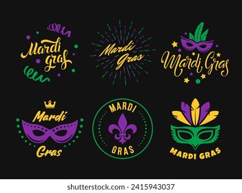 Mardi gras badges. Fat Tuesday logos. Set of vector emblems and icons with handwritten lettering	