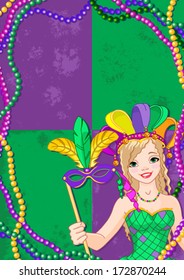 Mardi Gras Banner with beautiful girl holding mask