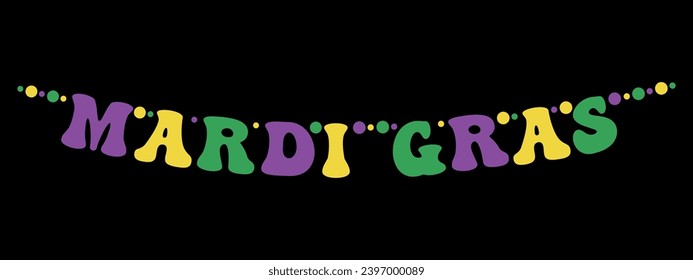 Mardi Gras banner, big colorful letters hanging on a string, decorative vector element