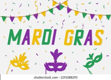 Mardi Gras banner with carnival mask and color confetti. Festive carnaval background. Vector illustration.