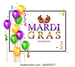 Mardi Gras banner with carnival mask, colorful balloon and ribbon. Vector illustration.