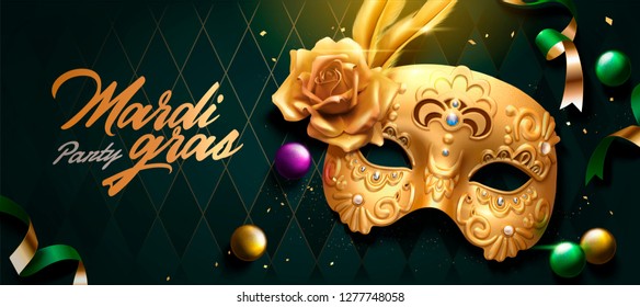 Mardi gras banner design with golden mask, streamer and balls on green rhombus background in 3d illustration