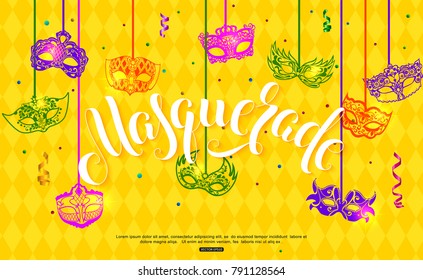 Mardi Gras banner design with hanging carnival mask confetti and serpentine on yellow background vector illustration