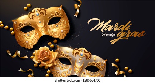 Mardi gras banner with golden luxurious mask and streamers in 3d illustration, top view angle