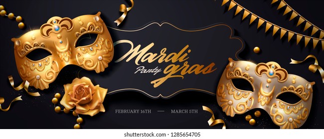 Mardi gras banner with golden luxurious mask and streamers in 3d illustration, top view angle