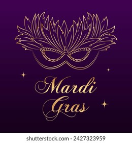 Banner del Mardi Gras, máscara de carnaval de lujo dorado y texto sobre fondo de estrellas. Póster, flyer, vector