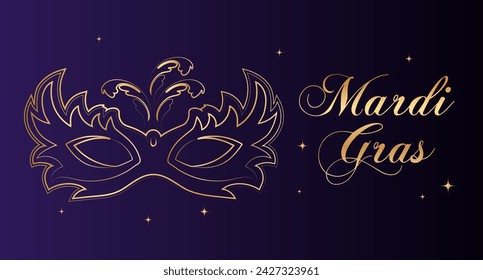 Mardi Gras banner, golden luxury carnival mask and text on star background. Poster, flyer, vector