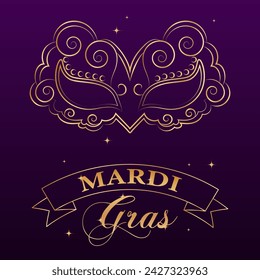 Mardi Gras banner, golden luxury carnival mask and text on star background. Poster, flyer, vector