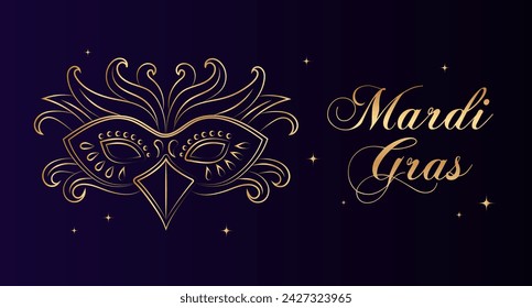 Mardi Gras banner, golden luxury carnival mask and text on star background. Poster, flyer, vector